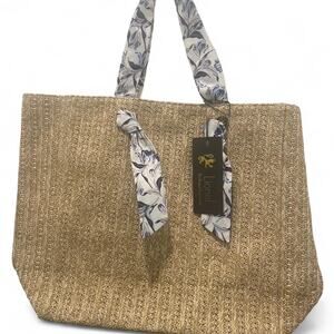 Tan and Purple Floral Woven Beach Bag